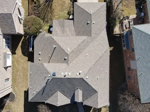completed roof replacement, aerial view